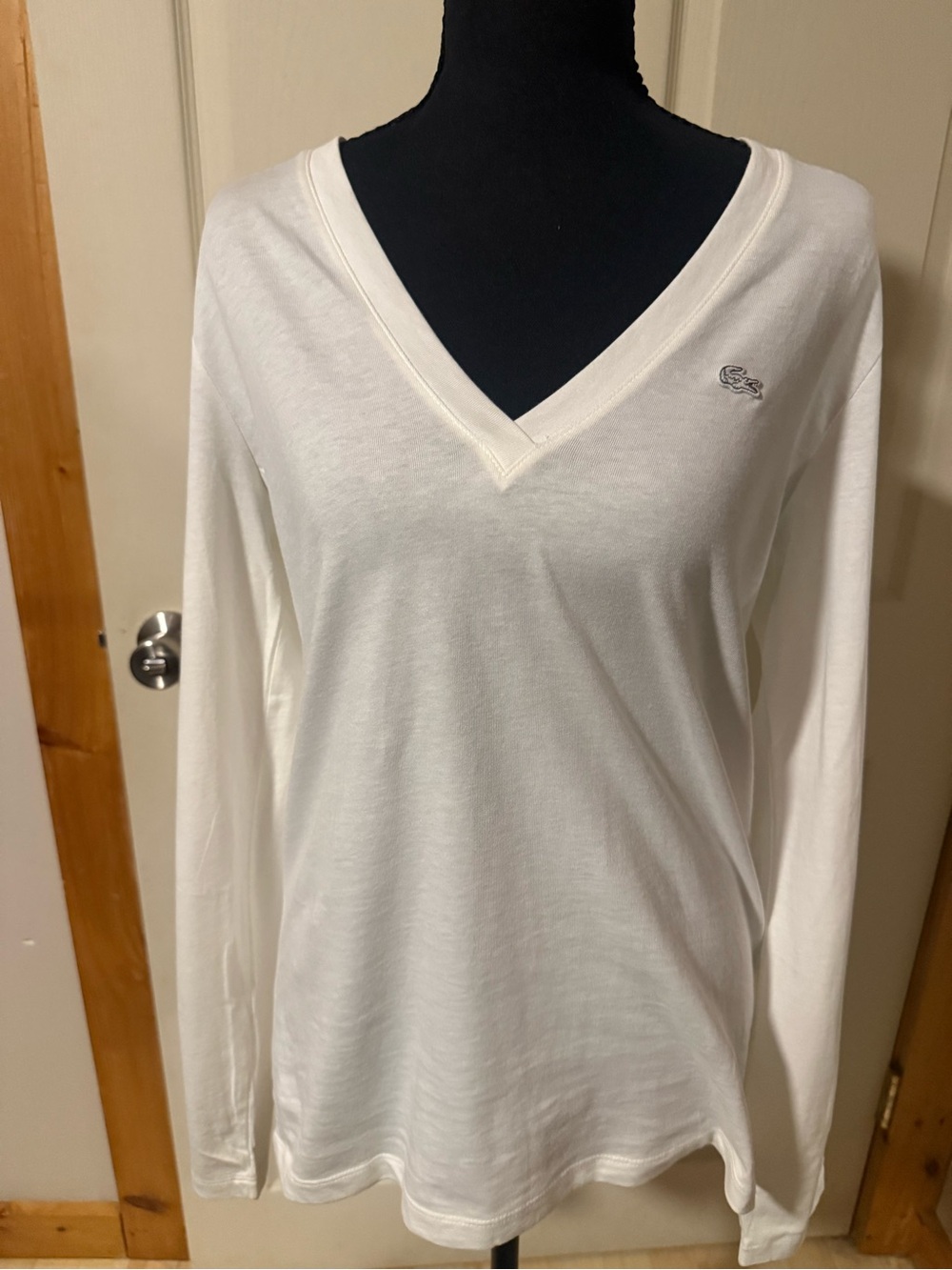 Lacoste Classic V-Neck Long Sleeve Tee - White, Size 8